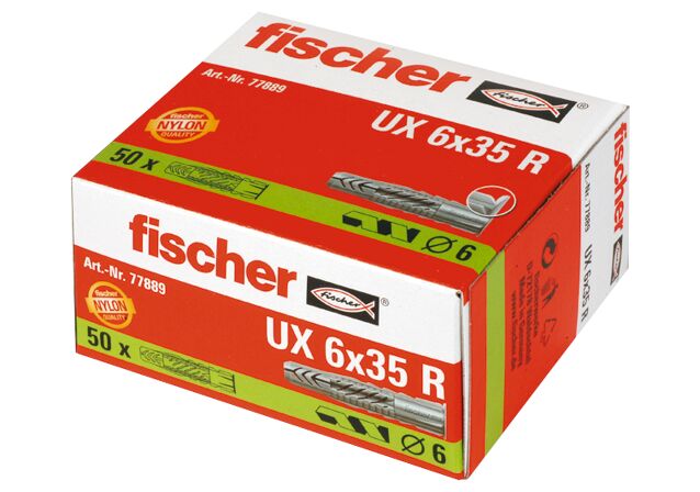 Packaging: "fischer Universal plug UX 6 x 35 R with rim in carton"
