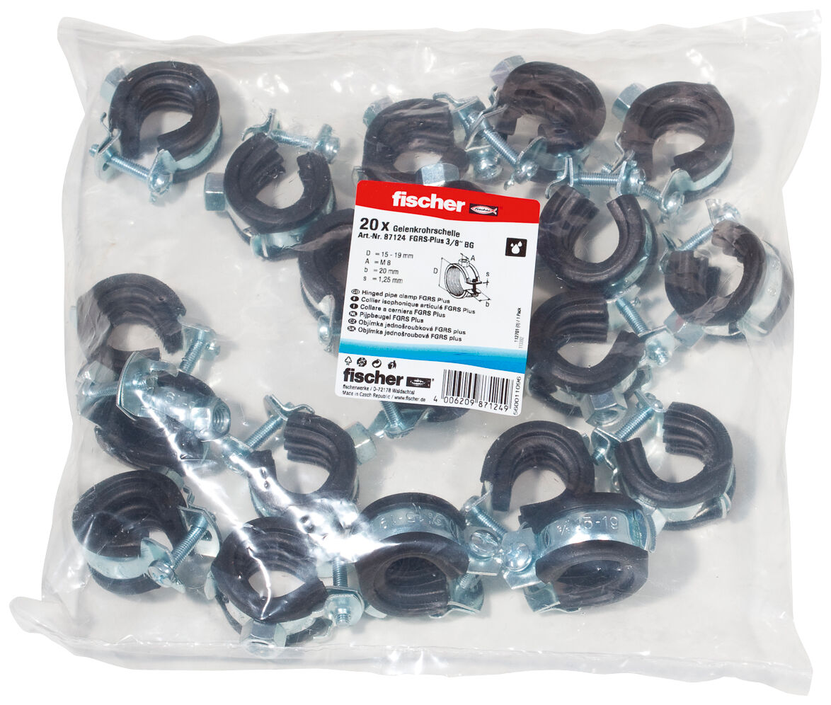 Packaging: "fischer Hinged pipe clamp FGRS Plus 3/8" BG"