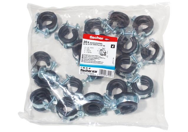 Packaging: "fischer Hinged pipe clamp FGRS Plus 3/8" BG"