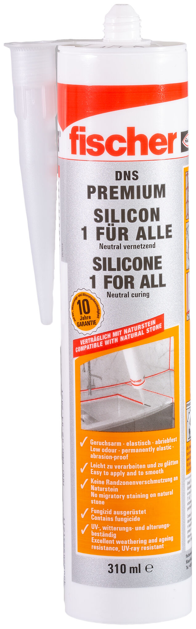 Product Picture: "fischer silicone for natural stone DNS transparent 310 ml"