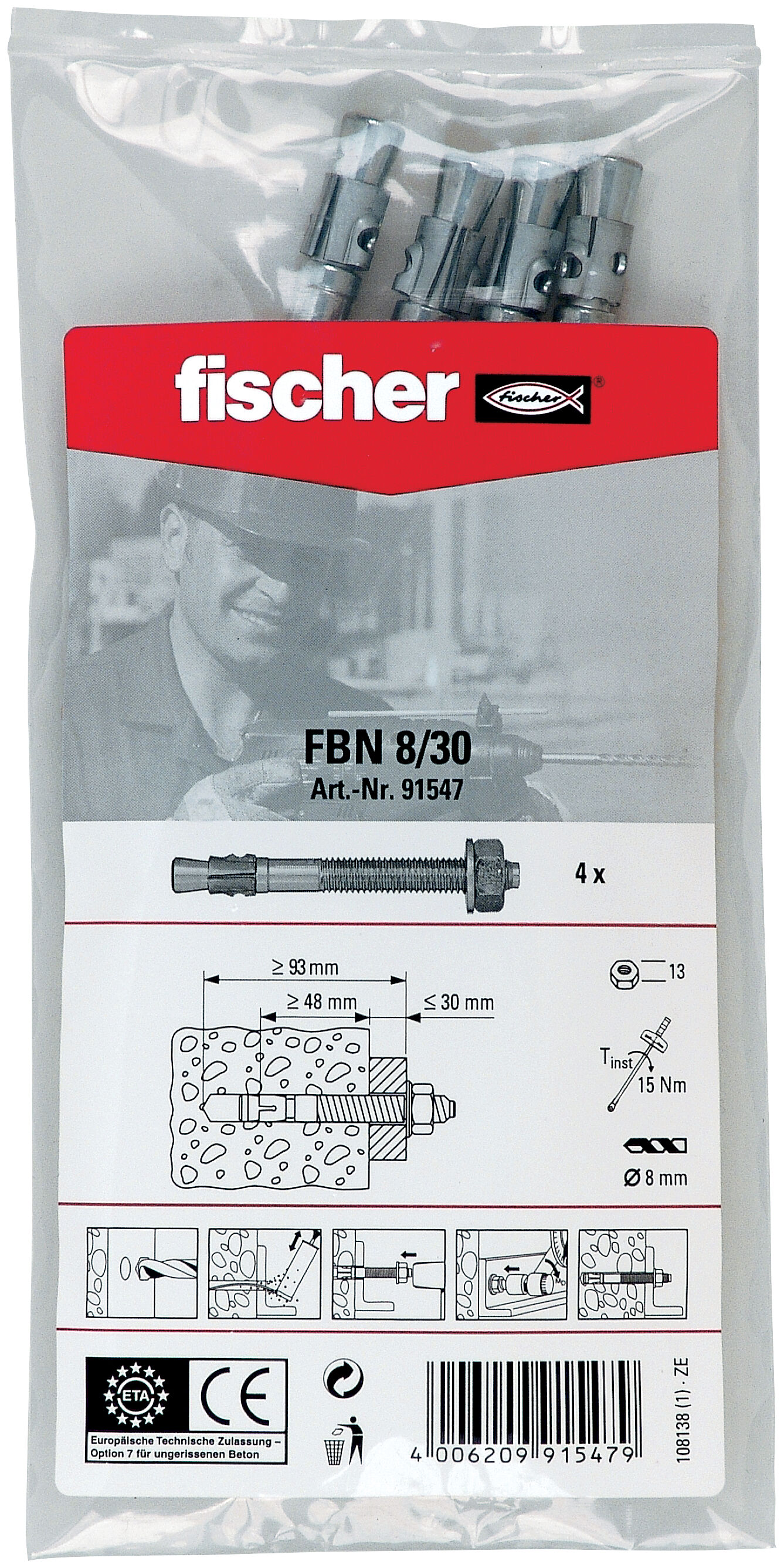 Packaging: "fischer bolt anchor FBN II 8/30 B bag"