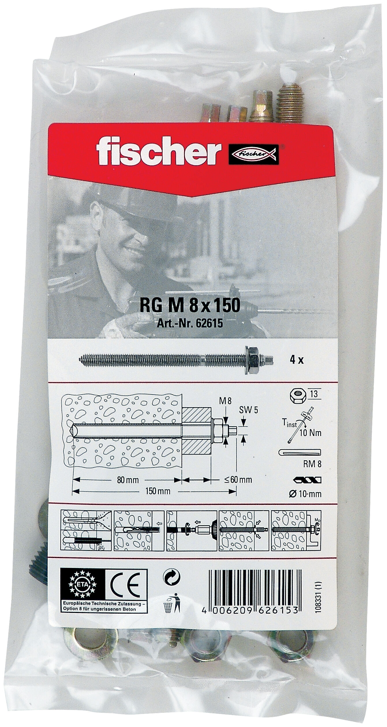 Verpackung: "fischer Ankerstange RG M8 x 150 B Beutel"