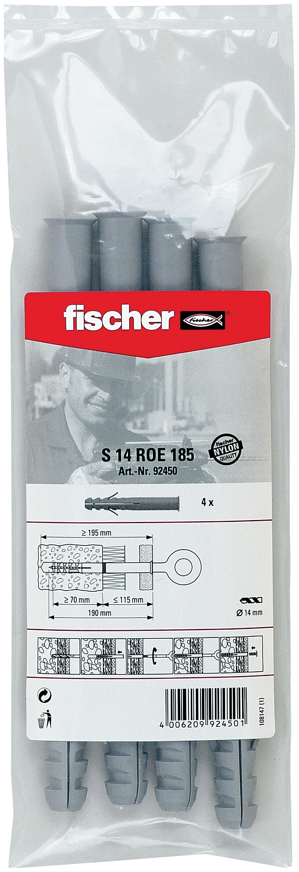 Verpackung: "fischer Dübel S 14 ROE 185 B Beutel"
