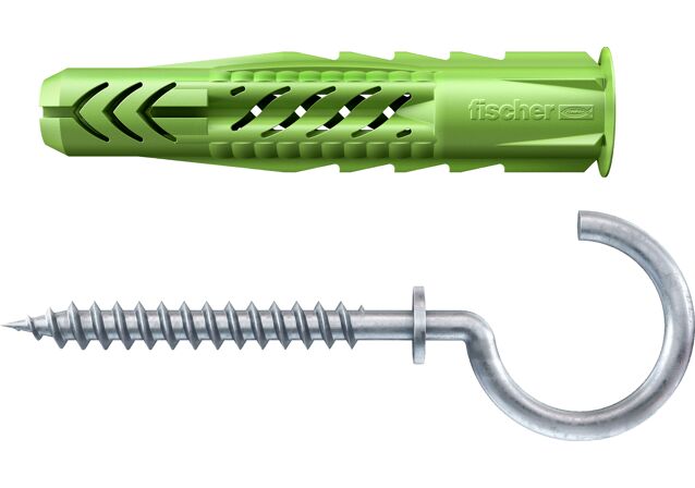 Product Picture: "fischer Universal plug UX Green 6 x 35 RH with rim round hook"