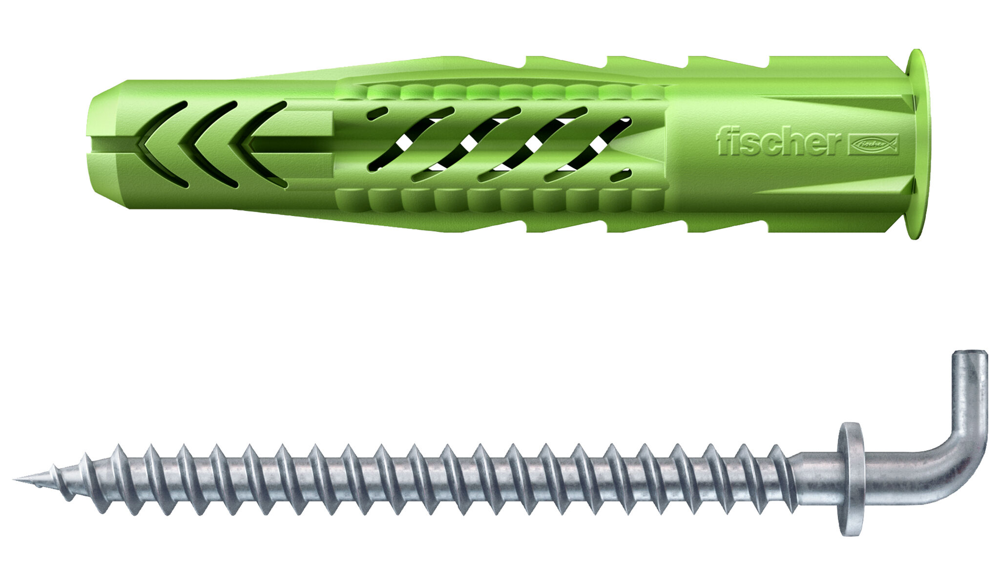 Product Picture: "fischer Universal plug UX Green 8 x 50 R WH with rim, angle hook SB-card"