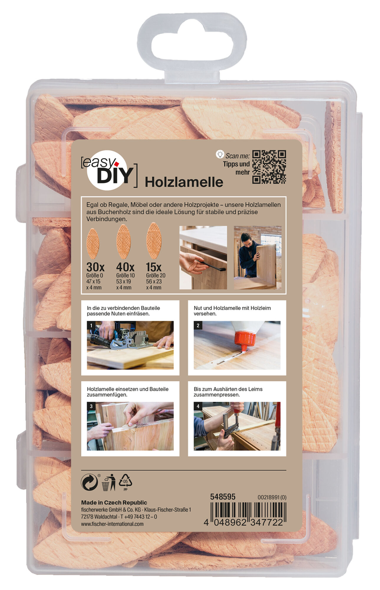 Verpackung: "fischer EasyDIY Box Holzlamelle (85 Teile)"