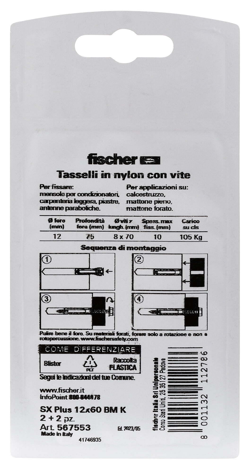 Confezione: "SX Plus 12x60 BM Tassello con Vite Esagonale Flangiata in Blister"