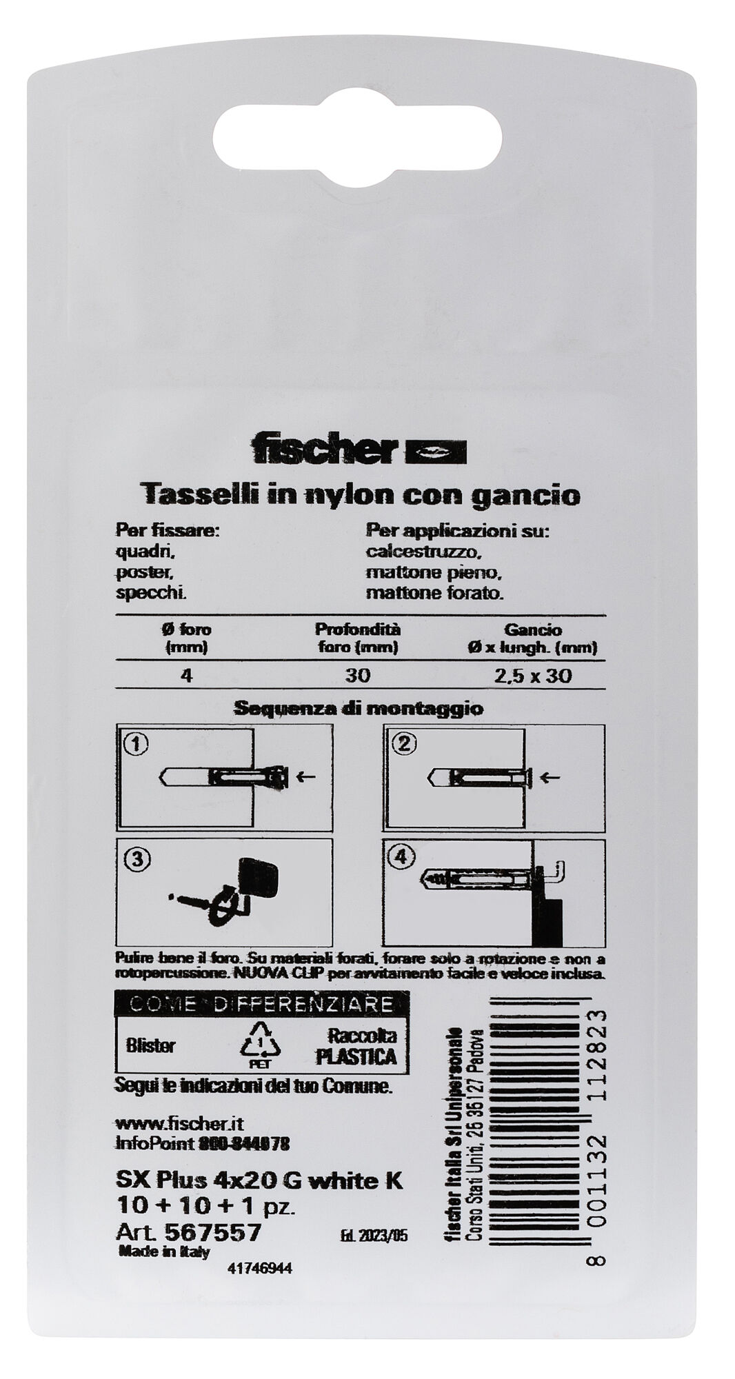 Confezione: "SX Plus 4x20 G Tassello con Gancio Bianco in Blister"