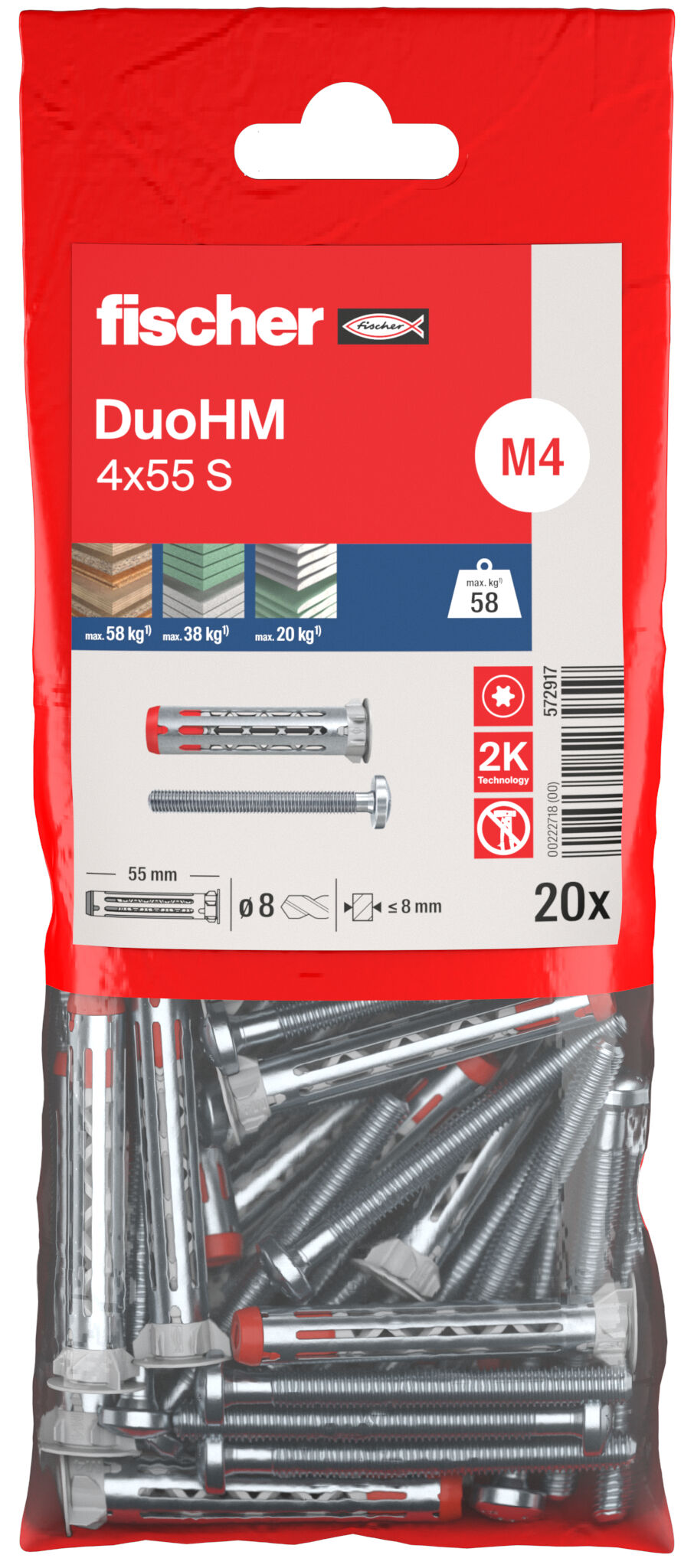 Packaging: "fischer cavity fixing DuoHM 4 x 55 S PH TX B, pan head screw, TX-drive"