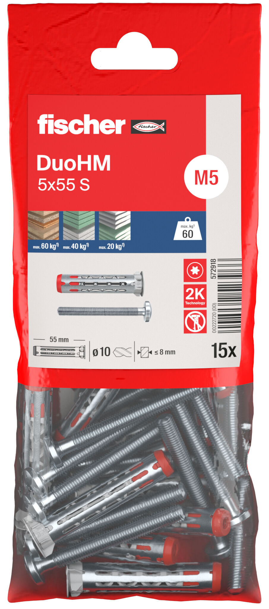 Packaging: "fischer cavity fixing DuoHM 5 x 55 S PH TX B, pan head screw, TX-drive"