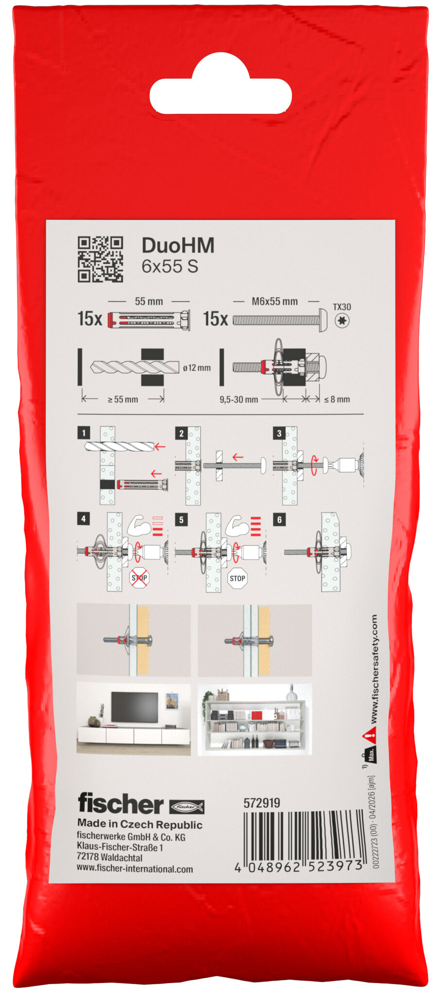 Packaging: "fischer cavity fixing DuoHM 6 x 55 S PH TX B, pan head screw, TX-drive"
