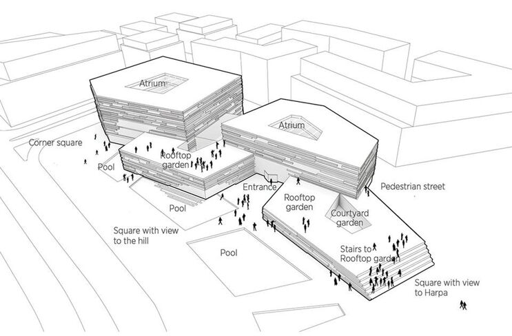 Vier ineinander verschränkte Gebäude in Form eines Fünfecks machen den neuen Hauptsitz der isländischen Landesbank Landsbankinn zu einem urbanen Zentrum der Stadt. Bild rechts: der verantwortliche Architekt Helgi Hallgrímsson.